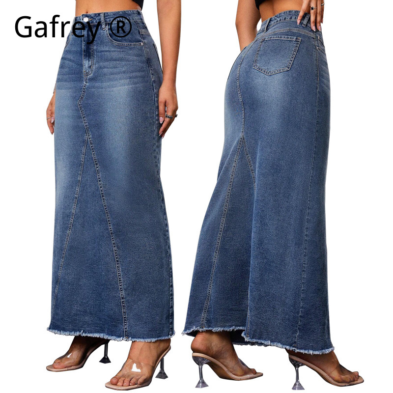 Streetwear Zipper - Women Denim Midi Skirt High Waist